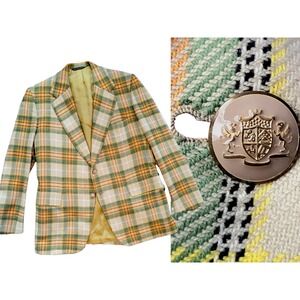 Vintage Men's Bold Plaid 100% Cashmere Sport Coat Yellow Green Orange Ritner's